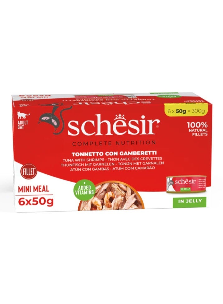 Schesir Complete Nutrition Mini Meal for Adult Cats – Tuna with Shrimps in Jelly – 100% Natural Fillets with Added Vitamins – 300 g (6 x 50 g Cans) - Image 1